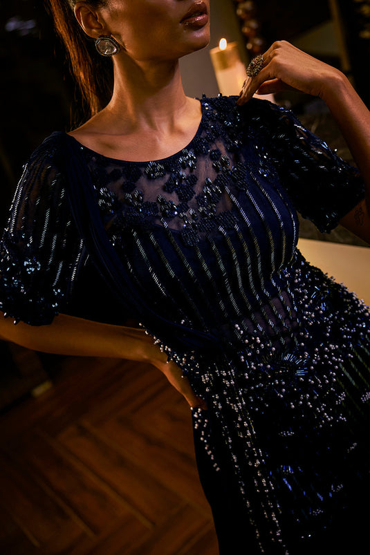 Midnight Blue sharara set with pearl and bead embellishments