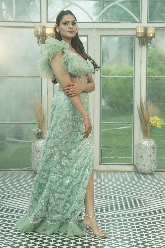 Mint Green Ruffled Sleeve Embroidered Evening Gown