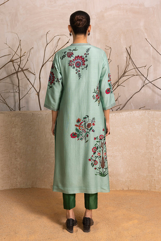 Mint Silk Chanderi Floral Boota Printed Tunic