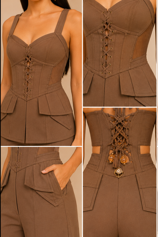 Mocha Brown Corset Top with Wide-Leg Mesh Cut-Out Pants Co-Ord Set