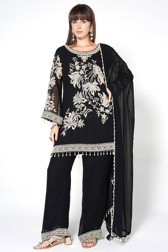 Mouse Grey Georgette Kurta Set With Contrast White Embroidery And Matching Dupatta
