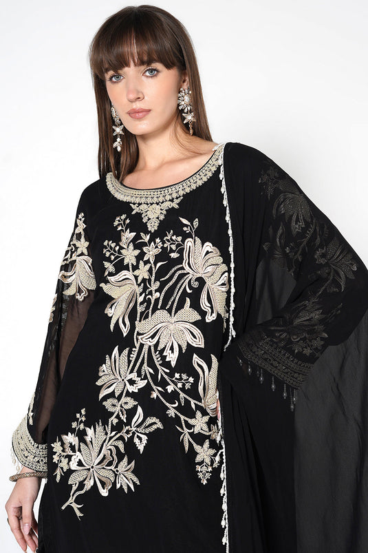 Mouse Grey Georgette Kurta Set With Contrast White Embroidery And Matching Dupatta