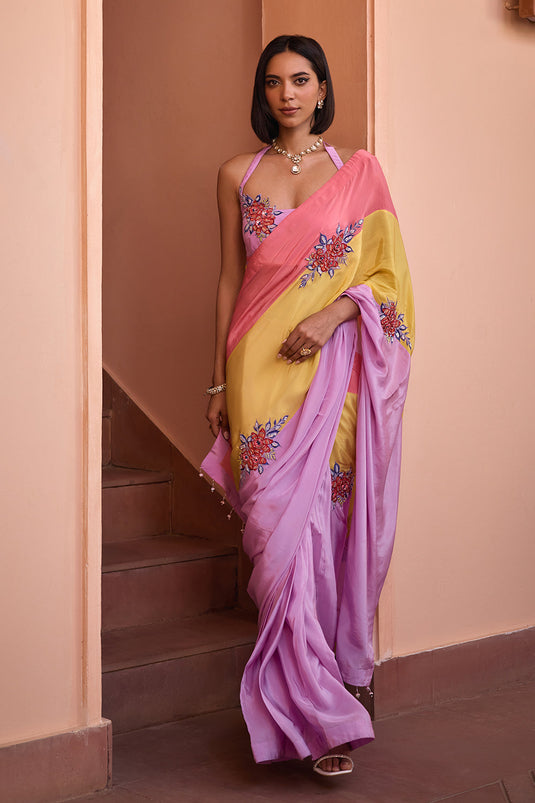 Multi color embroidered saree with halter blouse