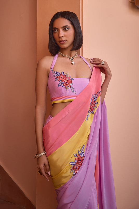 Multi color embroidered saree with halter blouse