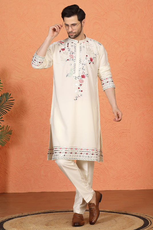 Multi Colored Flora Embroidered Kurta with Straight Fit Back Elastic Pants