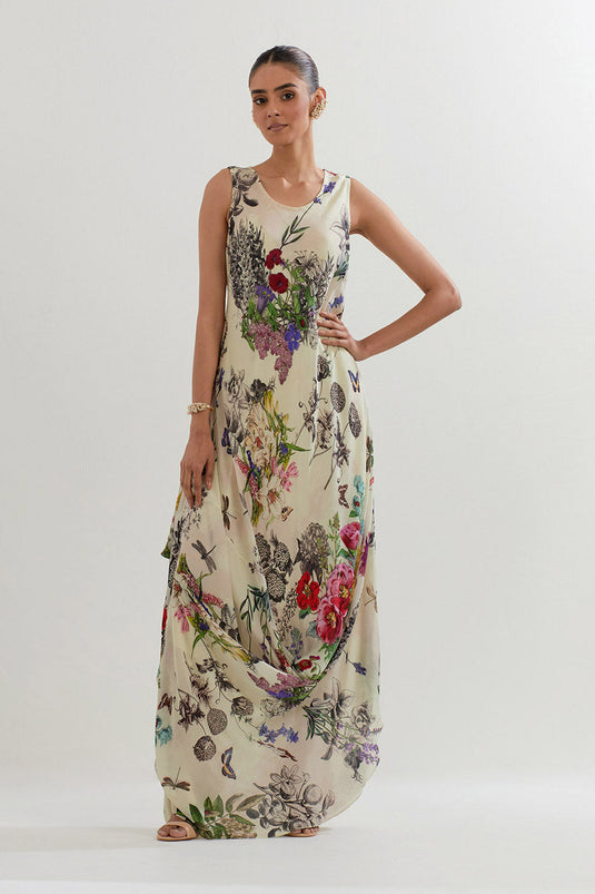 Multi Colour Botanical Printed Cowl Dress