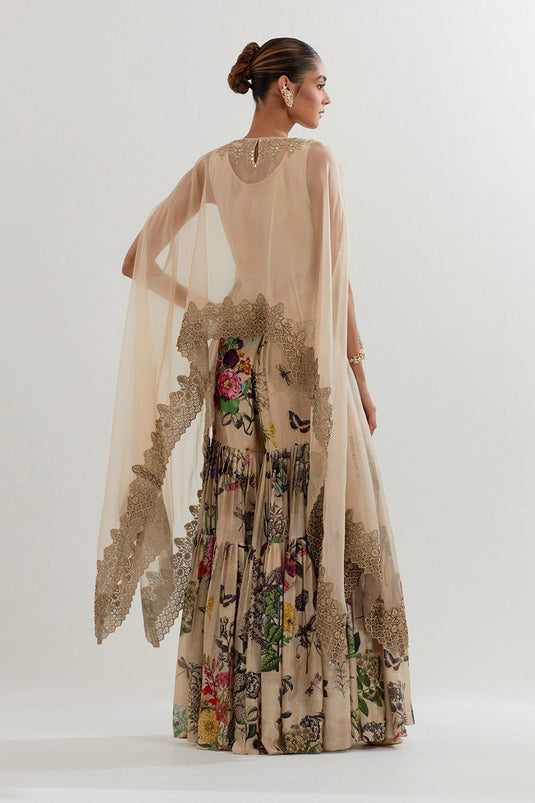 Multi Colour Botanical Printed Sharara With Dupatta Cape