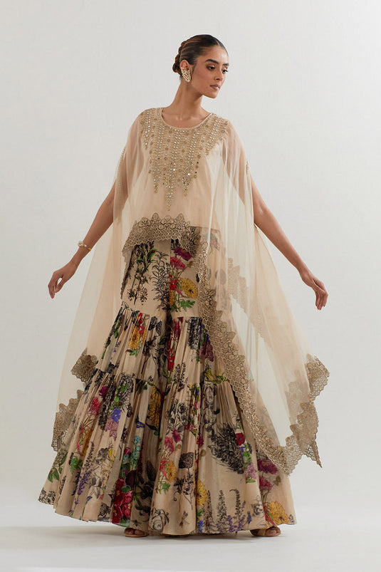 Multi Colour Botanical Printed Sharara With Dupatta Cape