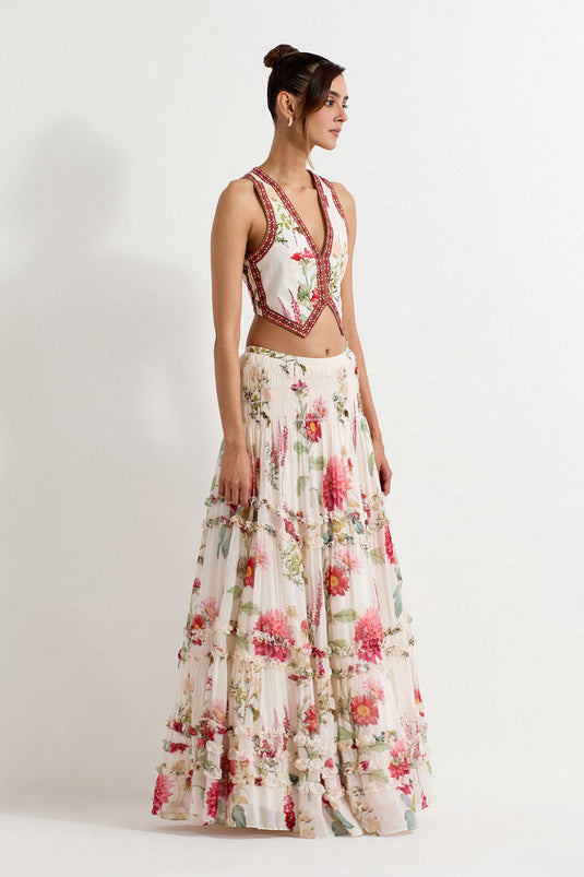 Multi Colour Georgette With Stretch Lycra Top With Skirt