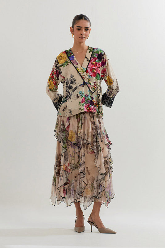Multi Colour Wrap Blouse With Skirt