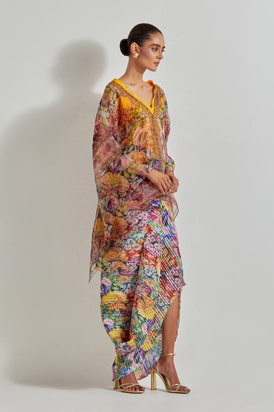 Multicolour Florika Crinkle Drape Dress Paired With Printed Kaftan Top