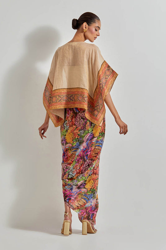 Multicolour Florika Printed Drape Skirt Paired Withm Tissue Chanderi Kaftan Top