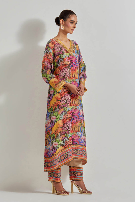 Multicolour Florika Printed Tissue Chanderi Kurta Set With Embellished Neckline Cuff