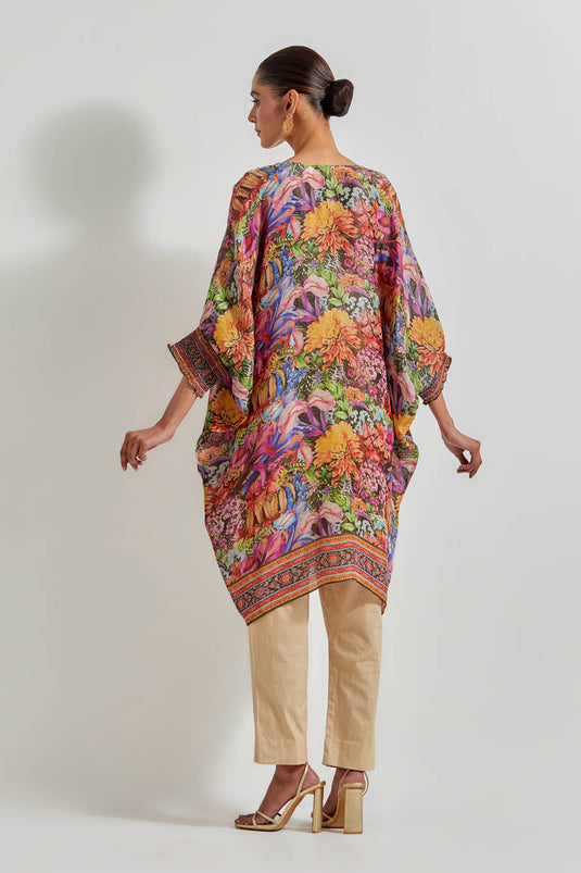Multicolour Florika Tissue Chanderi Printed Kaftan Tunic With Hand Neckline Paired With Lycra Pants