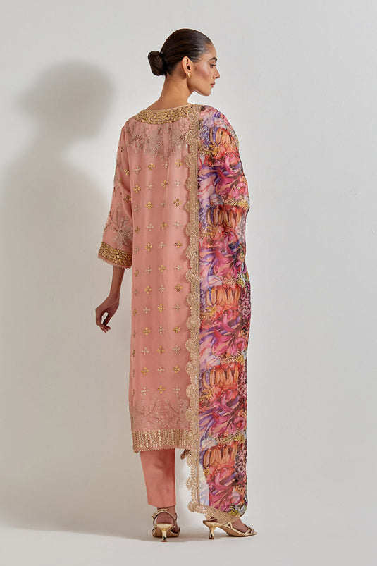 Multicolour Organza Hand Embellished Kurta Paired With Florika Printed Dupatta And Chanderi Pants