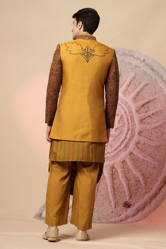 Mustard Brown Draped Cowl Kurta Set With Heavy Embroidered Jacket
