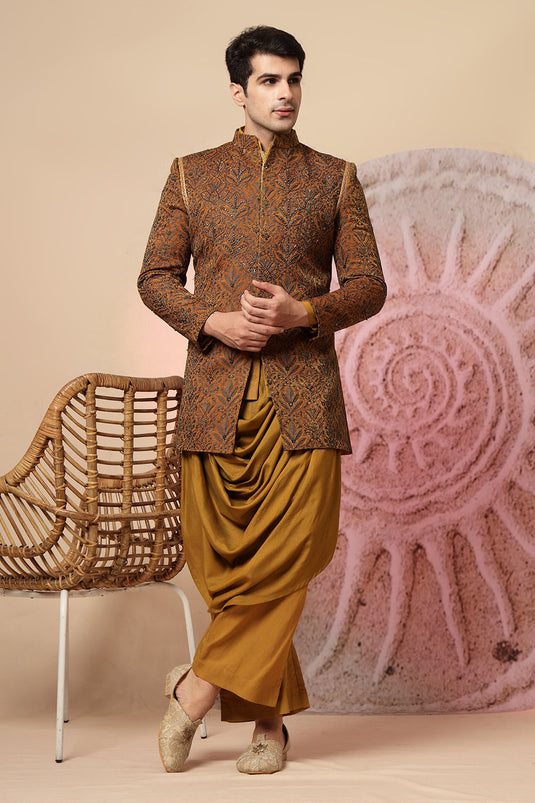 Mustard Brown Draped Cowl Kurta Set With Heavy Embroidered Jacket