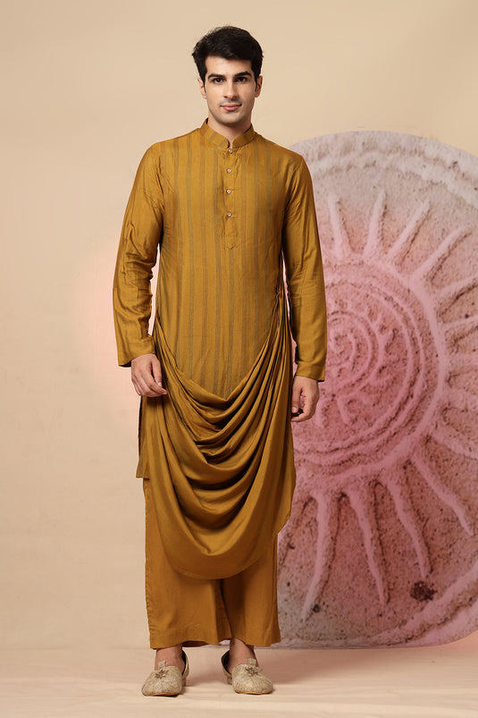 Mustard Brown Draped Cowl Kurta Set With Heavy Embroidered Jacket