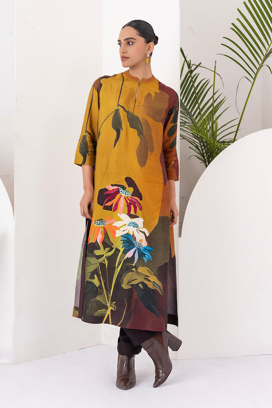 Mustard & Brown Viscose Dupion Printed Tunic