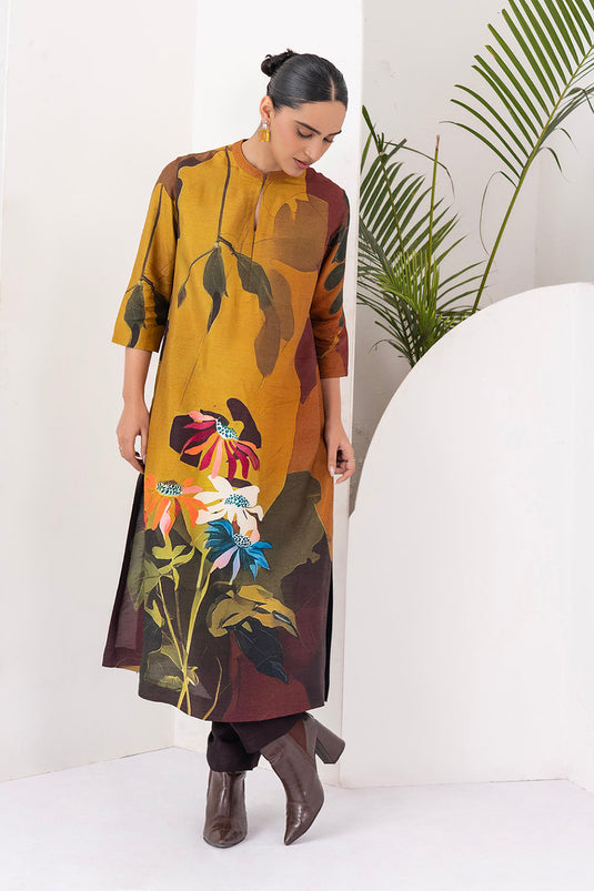 Mustard & Brown Viscose Dupion Printed Tunic