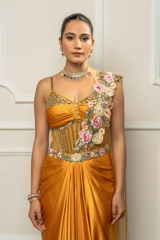 Mustard yellow drape saree set woth bodysuit