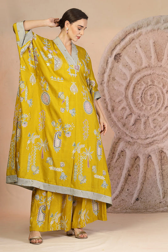 Mustard Yellow Slub Cotton Kaftan Set with Tribal Patchwork & Metallic Accents