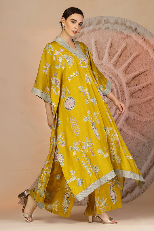 Mustard Yellow Slub Cotton Kaftan Set with Tribal Patchwork & Metallic Accents