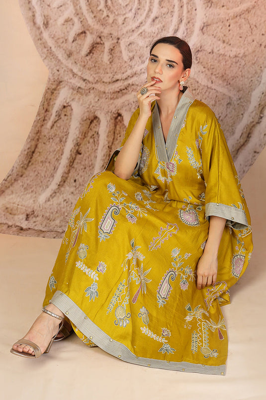 Mustard Yellow Slub Cotton Kaftan Set with Tribal Patchwork & Metallic Accents