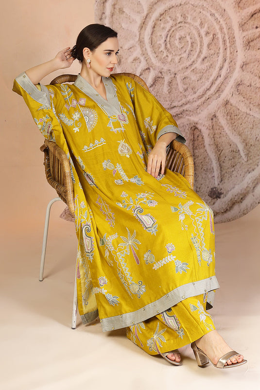 Mustard Yellow Slub Cotton Kaftan Set with Tribal Patchwork & Metallic Accents