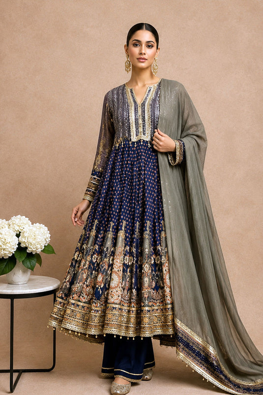 Navy Blue Crepe Anarkali Suit With Grey Dupatta Printed Detailing