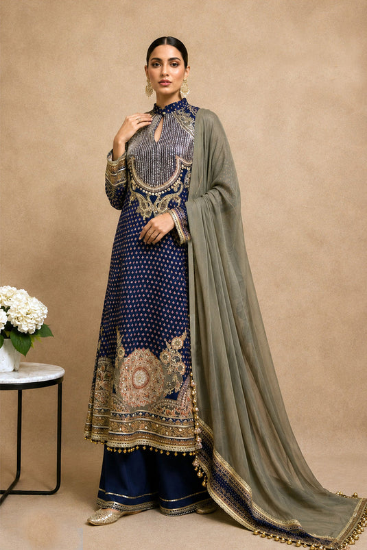 Navy Blue Crepe Kurta Palazzo Suit With Grey Dupatta Detailing