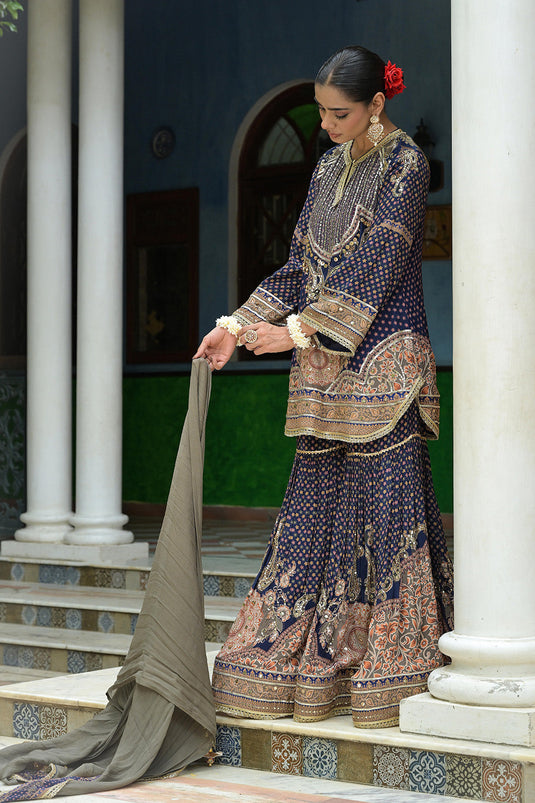 Navy Blue Crepe Sharara Suit With Embroidered Kurta And Dupatta