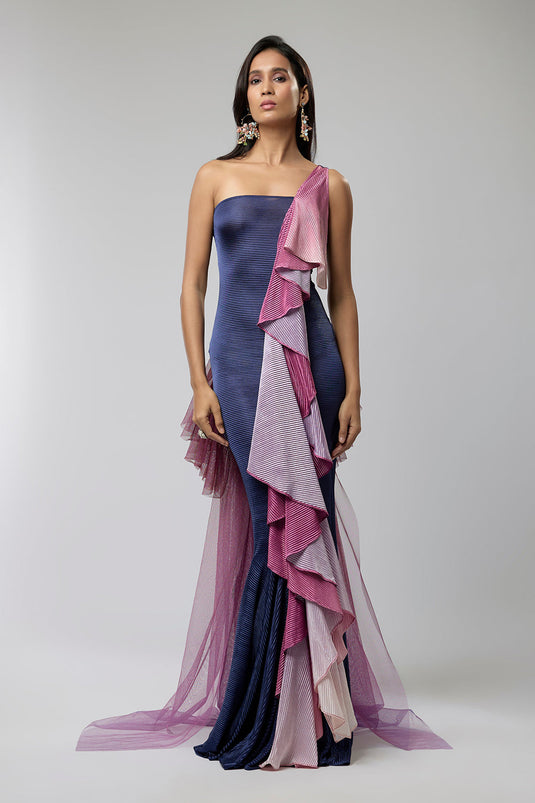 Navy & Ombre Asymetric One Shoulder Gown