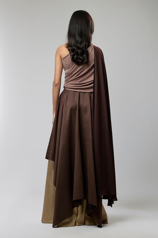 Nude & Brown One Shoulder Top with Skirt
