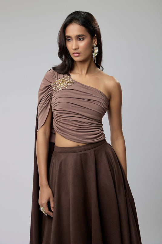 Nude & Brown One Shoulder Top with Skirt