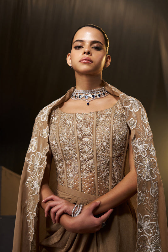 Nude/ Light Gold Drape Skirt Set