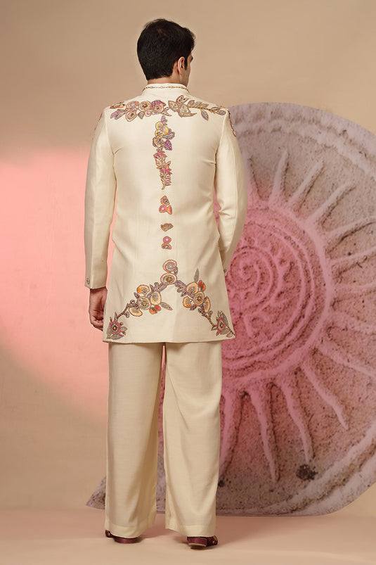 Off-White Embroidered Jacket With Palazzo Pant