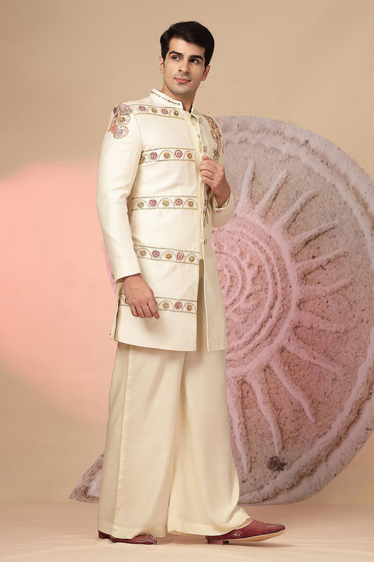 Off-White Embroidered Jacket With Palazzo Pant