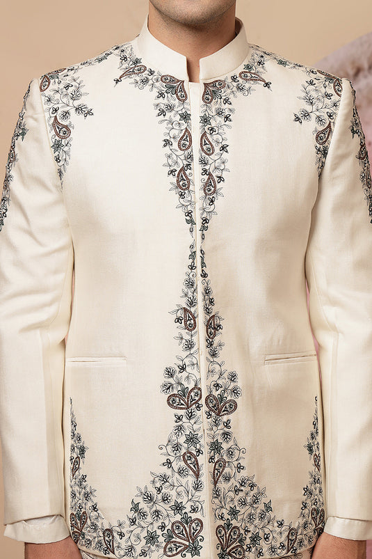 Off White Embroidered Sherwani With Designer Dupatta