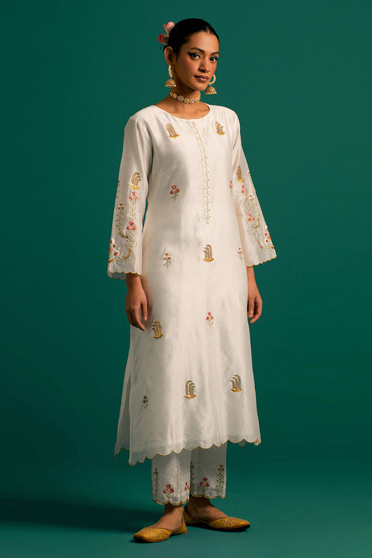 Off White hand embroidered silk chanderi kurta and pant Set with dark pink chanderi dupatta