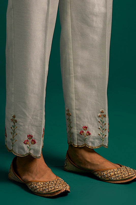 Off White hand embroidered silk chanderi kurta set