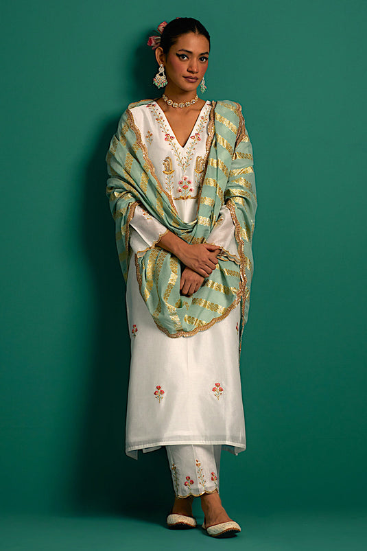 Off White V neck hand embroidered silk chanderi kurta set with green chanderi dupatta