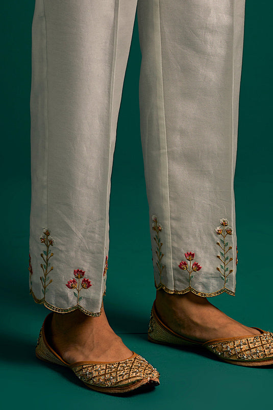 Off White V neck hand embroidered silk chanderi kurta set with green chanderi dupatta