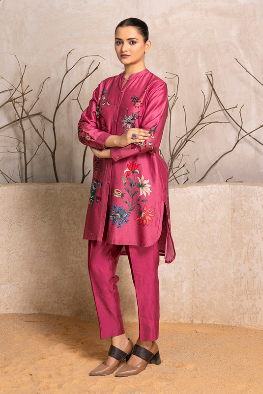 Old Rose Silk Chanderi Printed Shirt Style Tunic