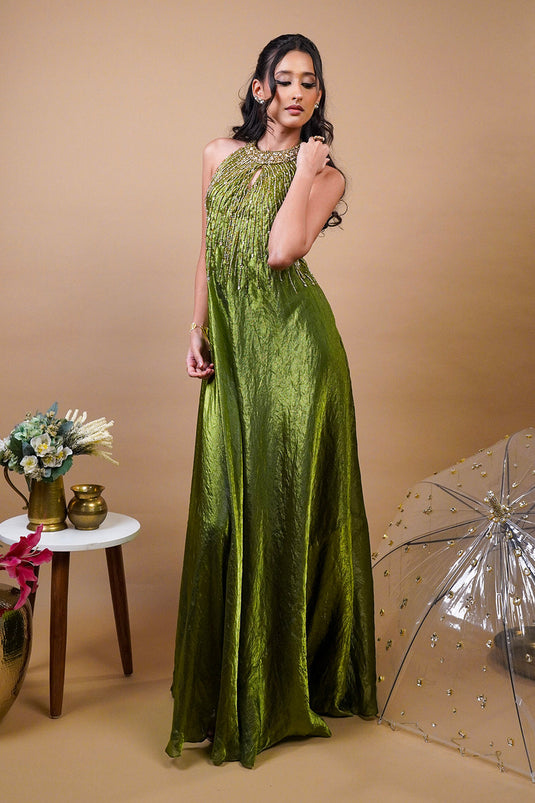Olina Green Tissue Halter Gown