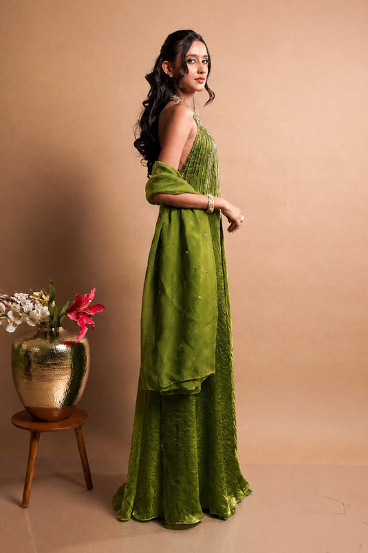 Olina Green Tissue Halter Gown with Dupatta