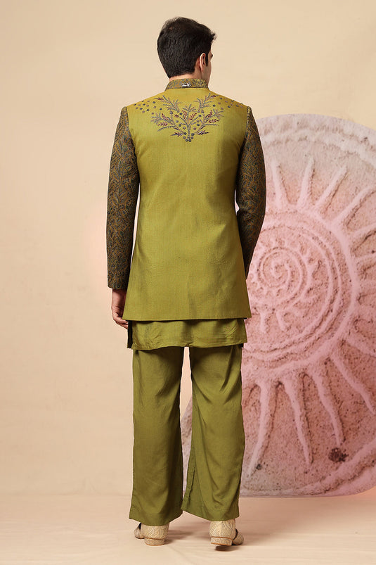Olive Green Embroidered Indo-Western Kurta Set With Designer Jacket