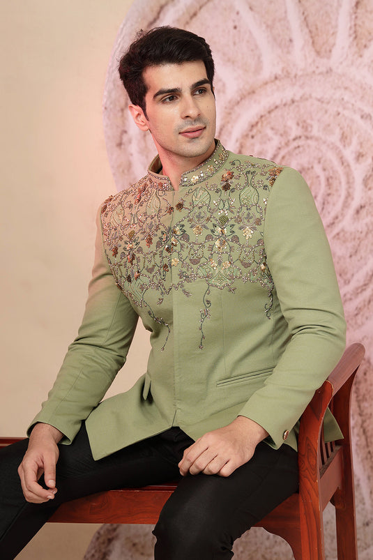 Olive Green Embroidered Jacket Set