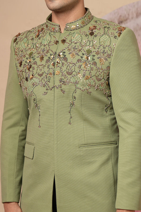 Olive Green Embroidered Jacket Set