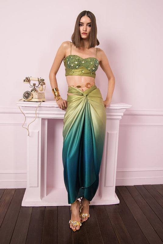 Olive Ombre Drape Skirt Set